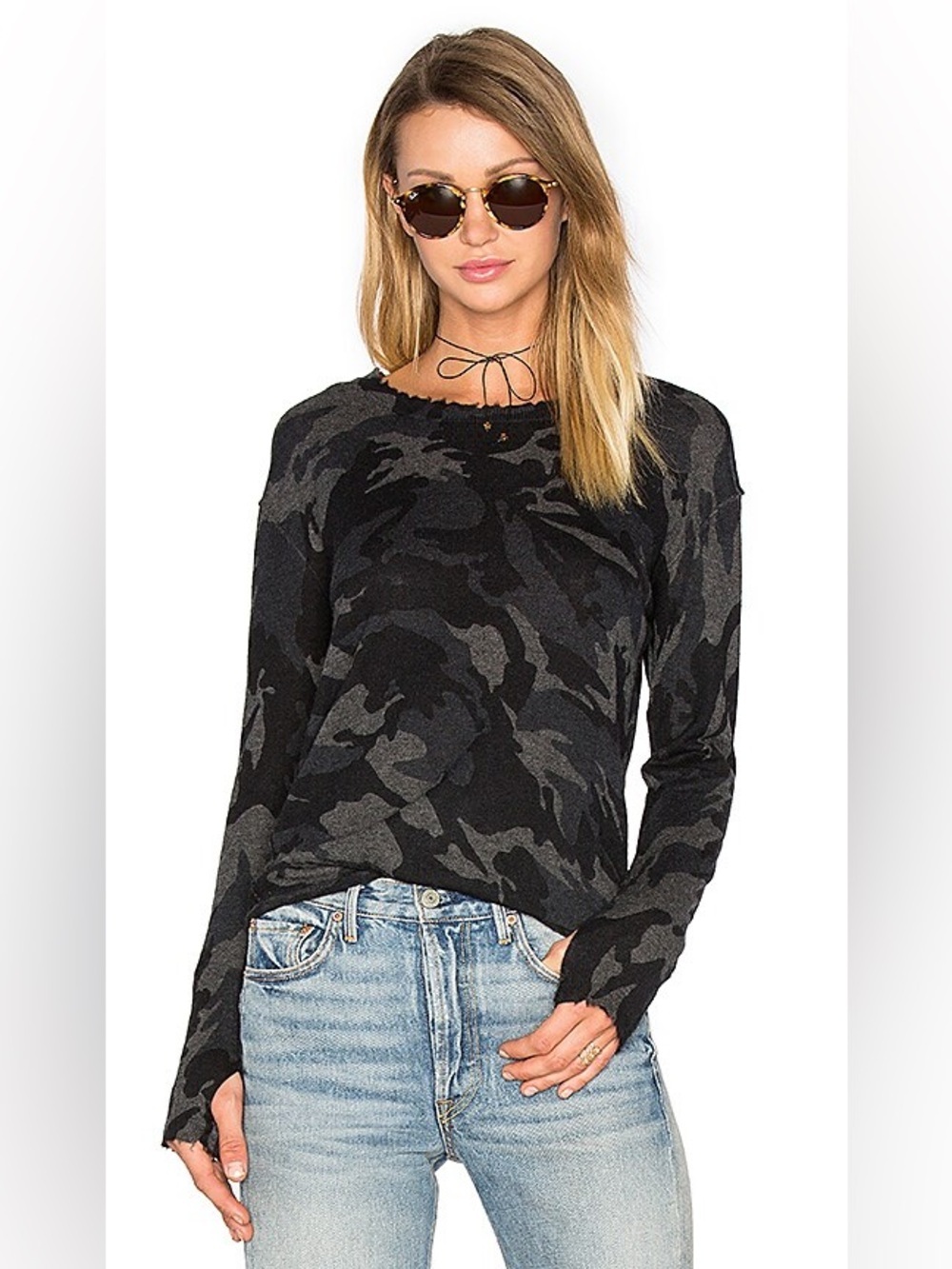 Revolve Generation Love Sweater Womens XS 100% Cashmere Black Camo Distressed